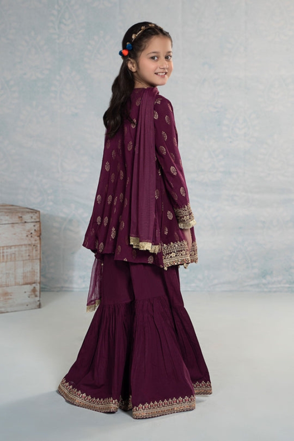 Elegant Wine Kids 3-Piece Pakistani Suit with Embroidery