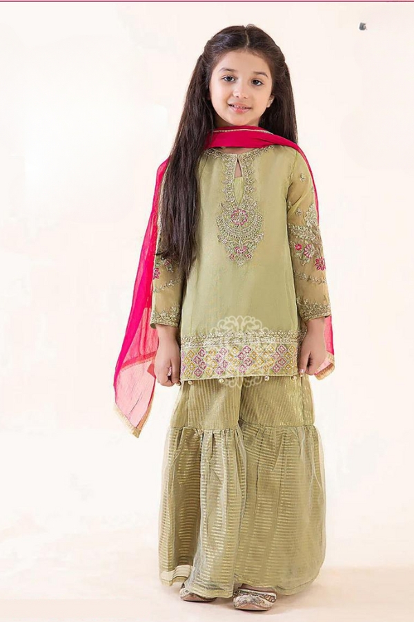 Sage Green Kids Party Wear 3-Piece Pakistani Suit