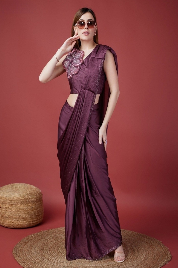 Elegant Magenta Satin Silk Party Wear Ready-to-Wear Saree