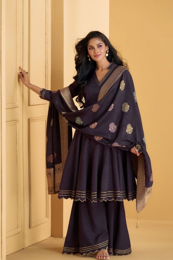 Wine Pure Masleen Cotton Silk Suit with Embroidery & Sequins