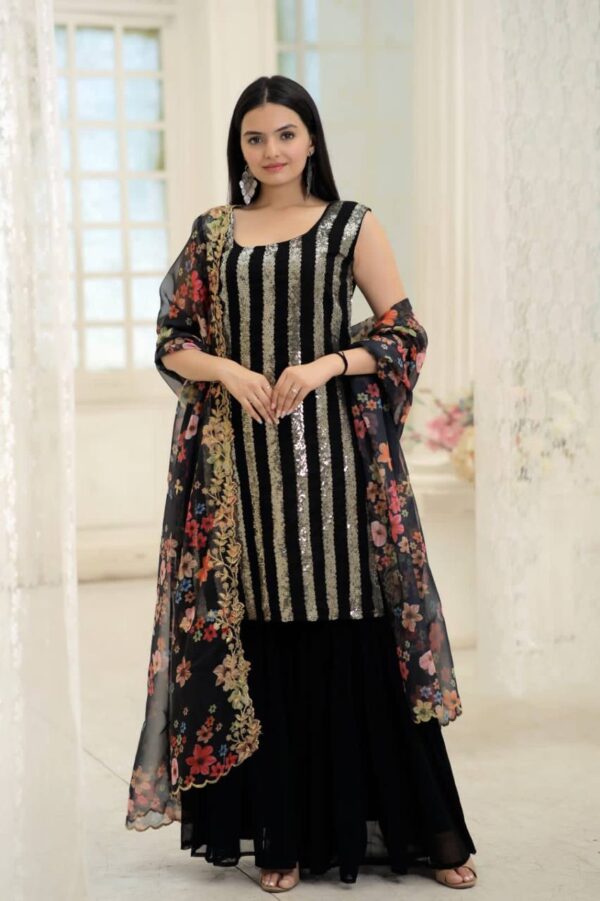 Black Faux Blooming Kurti with Sharara and Dupatta - Sequins & Embroidery