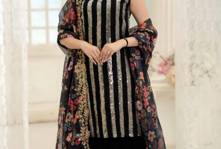 Black Faux Blooming Kurti with Sharara and Dupatta - Sequins & Embroidery