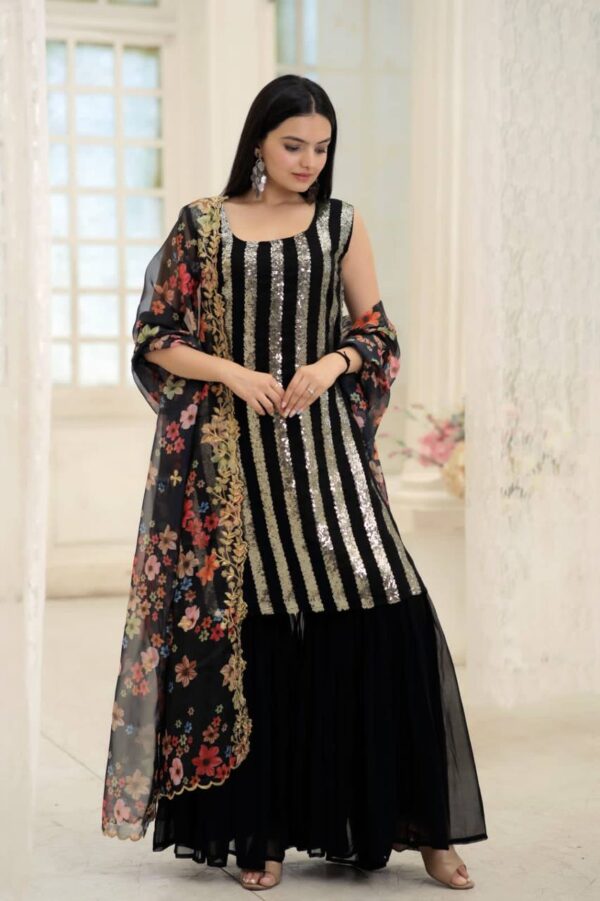 Black Faux Blooming Kurti with Sharara and Dupatta - Sequins & Embroidery